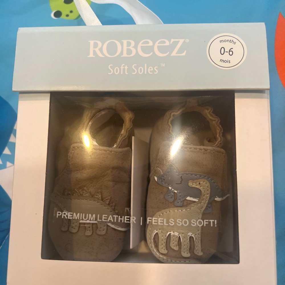 Robeez Soft Soles Baby Shoes - Tan with Blue Accents